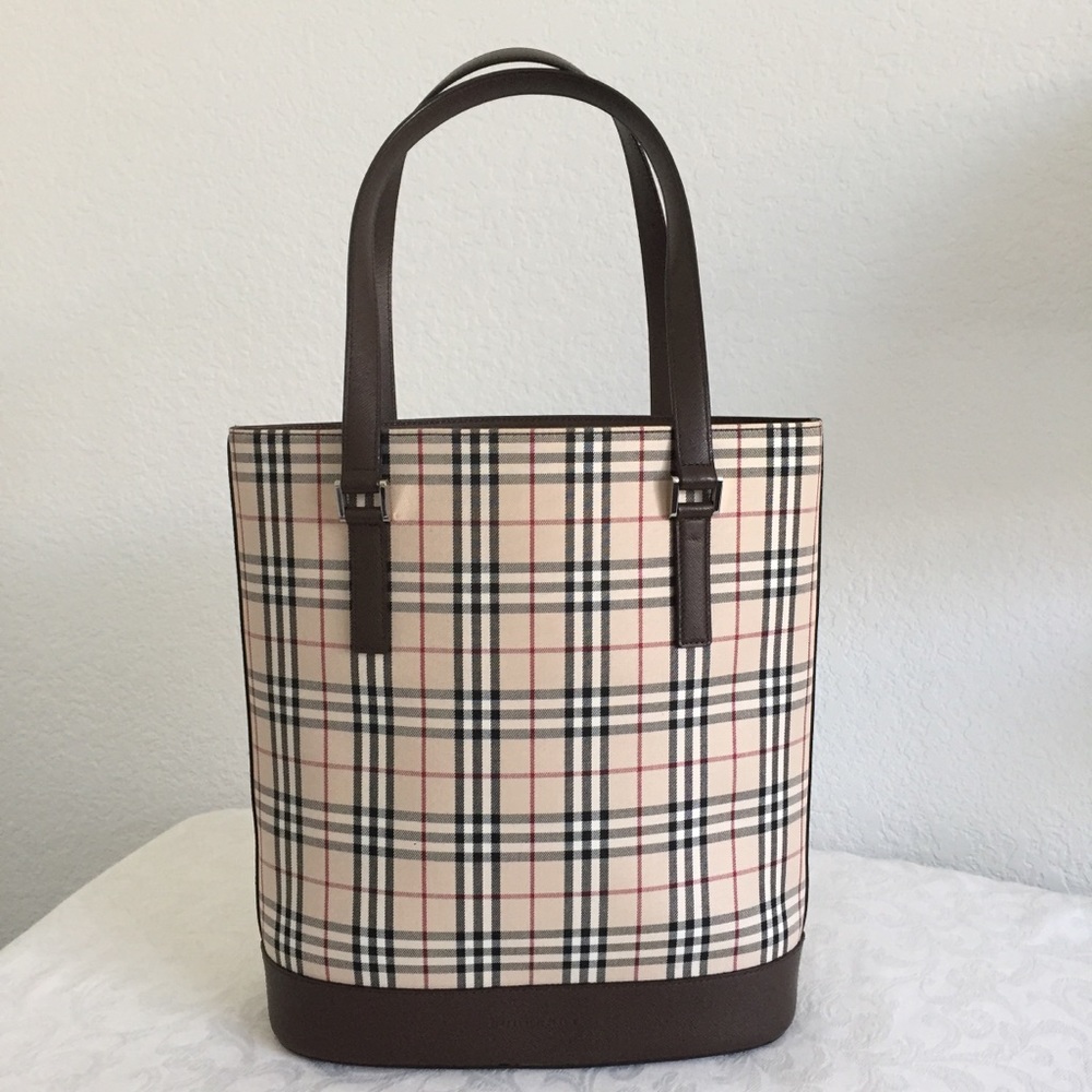 Burberry check canvas brown leather trim tote